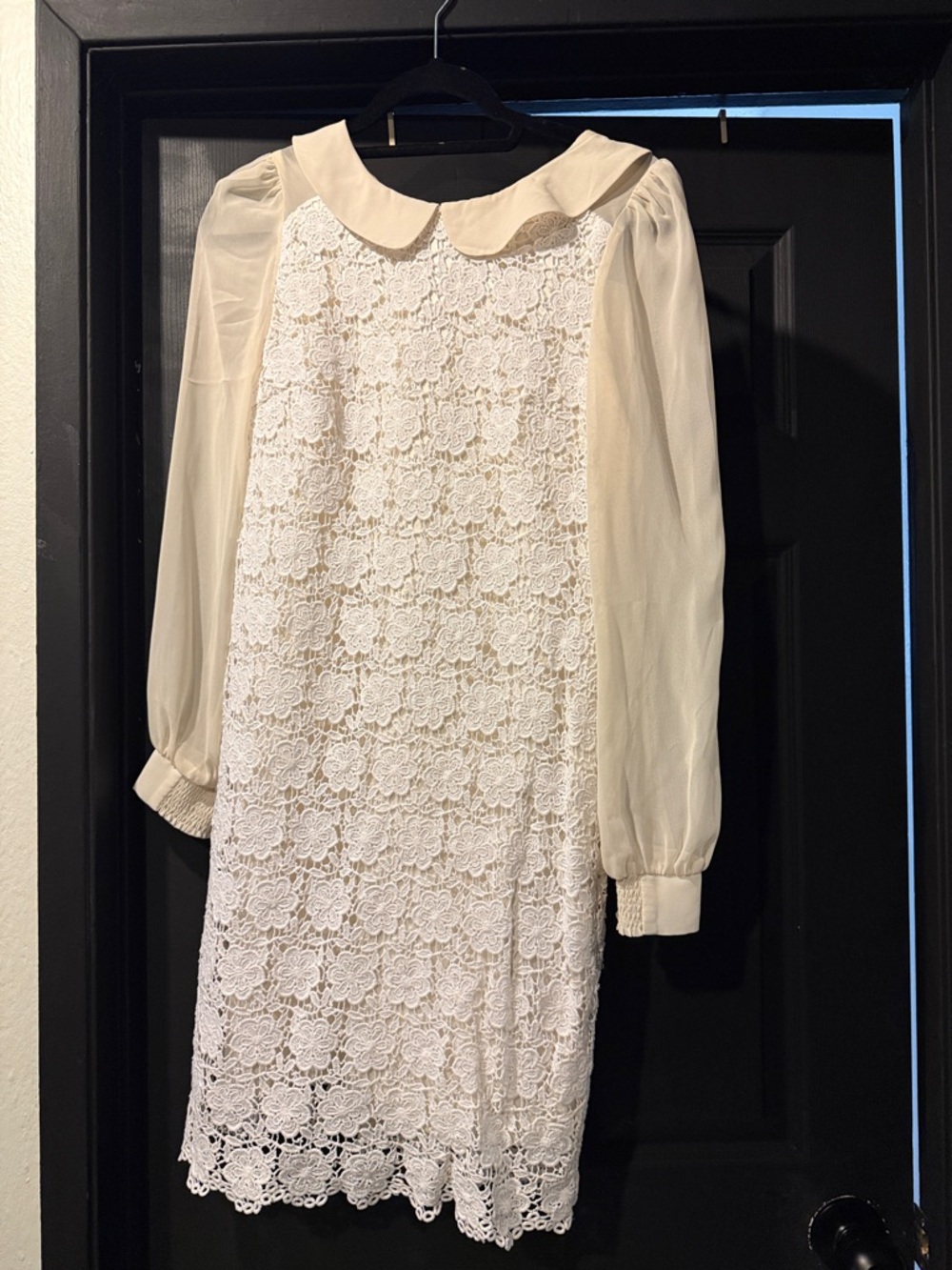 Eliza J Cream and White Lace Long Sleeve Peter Pan Collar Dress